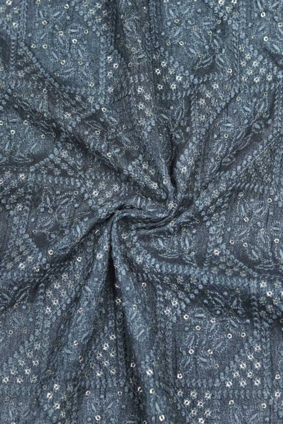 Buy Dark Blue Leaf And Sequins Pattern Embroidered Raw Silk Fabric