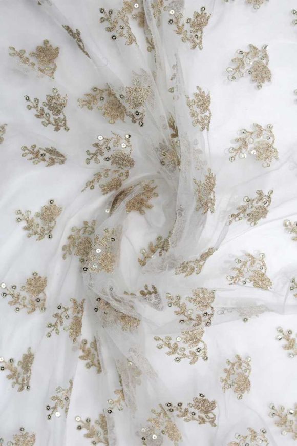 Buy White Floral & Objects Embroidered Round Net Fabric Online