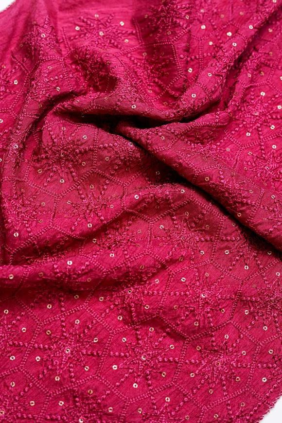 Buy Rani Pink Hexa Shape Motif Pattern Embroidered Raw Silk Fabric Online