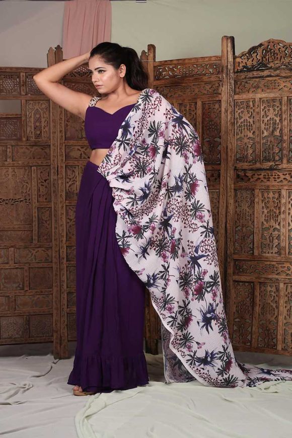 Maroon pleated satin georgette saree by Tie & Dye Tale | The Secret Label