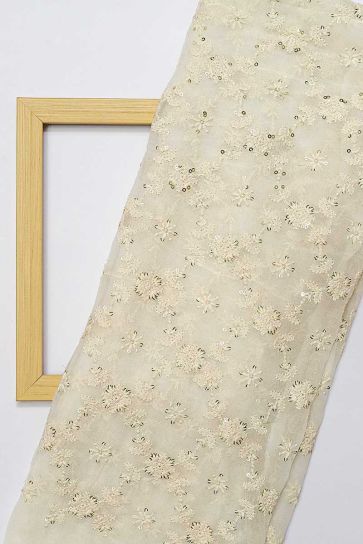 White Dyeable Floral Pattern Embroidery On Bamber Georgette Fabric