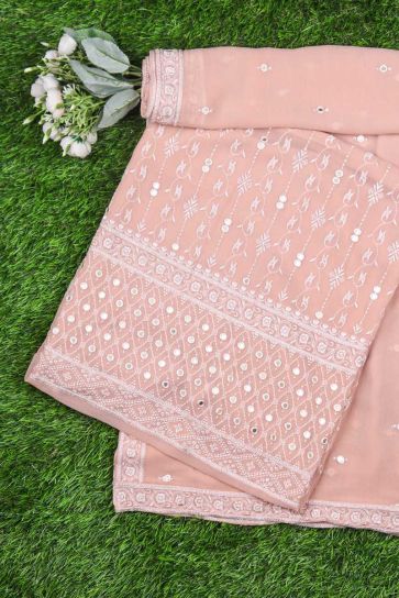 Pink Leaves And Mirror Pattern Embroidery On Bamberg Georgette Unstitched Suit with Dupatta