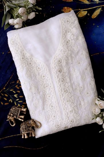 White Dyeable Geometric and Floral Pattern Embroidery On Bamberg Georgette Unstitched Suit