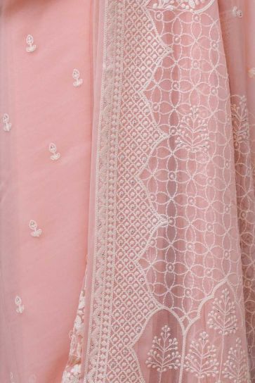 Pinky Peach Modern Ethnic Style And Sequins Pattern Embroidery On Bamber Georgette Saree