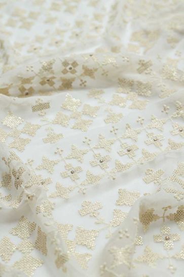 White Dyeable Sequins All Over with Damaan Pattern Embroidery On Bamber Georgette Fabric