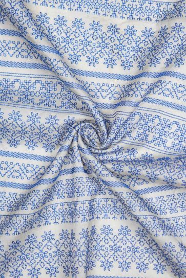 Blue Thread Work Pattern Embroidery On Raw Silk Fabric