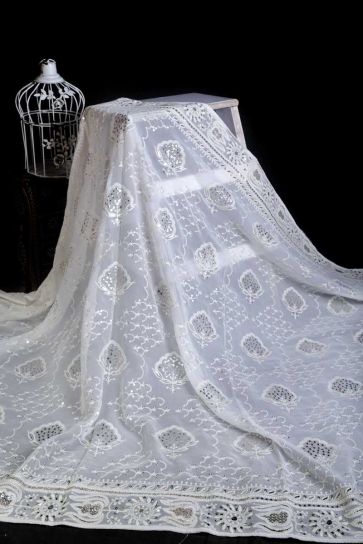 White Dyeable Foil with spade motif Pattern Embroidery On Bamberg Georgette Dupatta