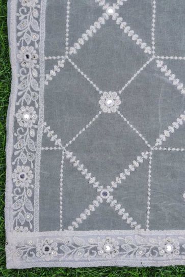 White Dyeable Mirror Pattern Embroidery On Bamberg Georgette Dupatta