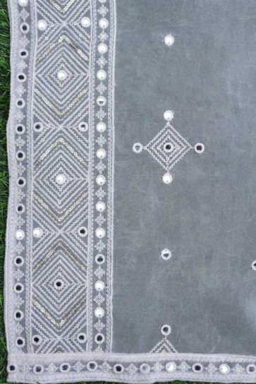 White Dyeable Mirror Pattern Embroidery On Bamberg Georgette Dupatta