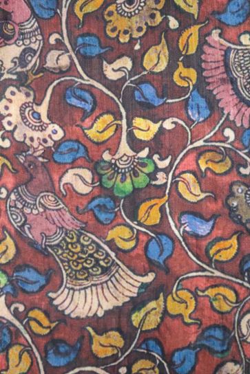 Brown Peacock Kalamkari Pattern Digital Print On Kota Silk Unstitched Gown