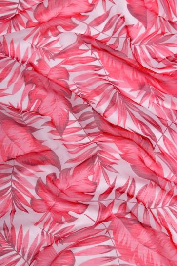 Redish White Random Spreaded Pinnately Lobed and Linear Leaf Digital Print On Chiffon Fabric