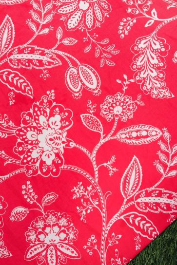 Bright Scarlet Red Botanical Veils Digital Print On Muslin Fabric