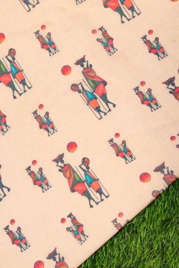 Flamingo Peach Warli Prints Digital Print On Chiffon Fabric