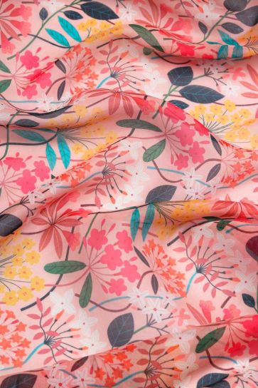 Flamingo Peach Spring Leaves Digital Print On Organza Satin Fabric