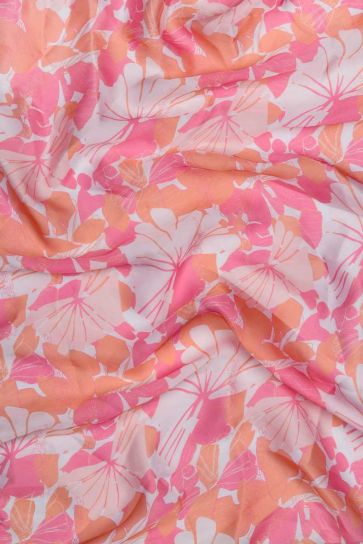 Whitish Pink Painted Abstract Floral Digital Print On Georgette Satin Fabric