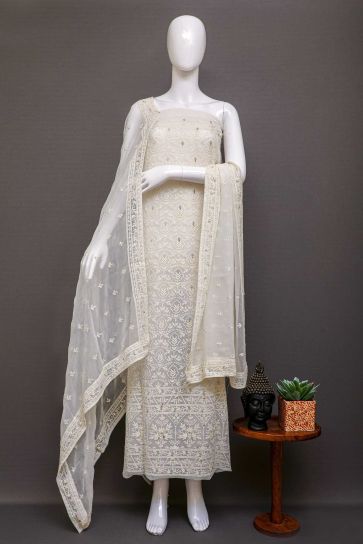 White Dyeable Sequins And Leaves Work Pattern Embroidery On Bamberg Georgette Unstitched Suit