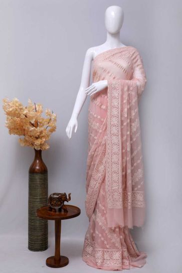 Pinky Peach Chikankari Style And Leaves Work Pattern Embroidery On Bamber Georgette Saree