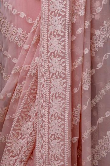 Pinky Peach Chikankari Style And Leaves Work Pattern Embroidery On Bamber Georgette Saree