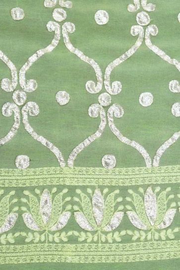 Olive Green Geometric Pattern Embroidery On Bamberg Georgette Dupatta