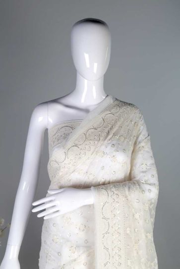 Dyeable Chikankari Geometric Pattern Embroidery On Bamber Georgette Saree