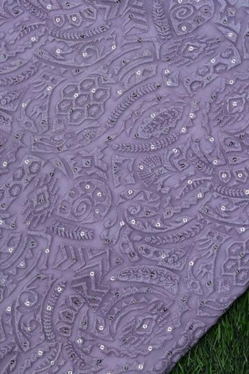 Lavender Thread Work Pattern Embroidery On Bamberg Georgette Fabric