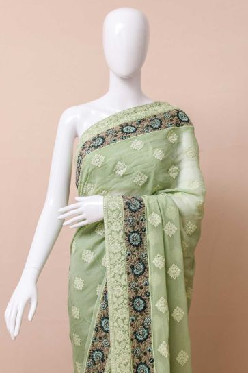 Pista Floral Pattern Embroidery On Bamber Georgette Saree