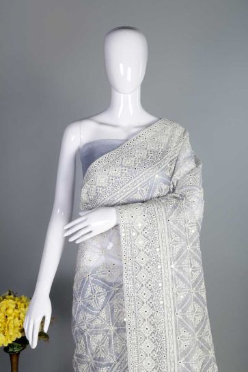 Light Grey Mirror Embellished Detailed Chikankari Pattern Embroidery On Nylon Organza Saree