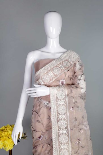 Del Rio Peachish Brown Elegant White Border With Needle Painted Resham Work Pattern Embroidery On Nylon Organza Saree