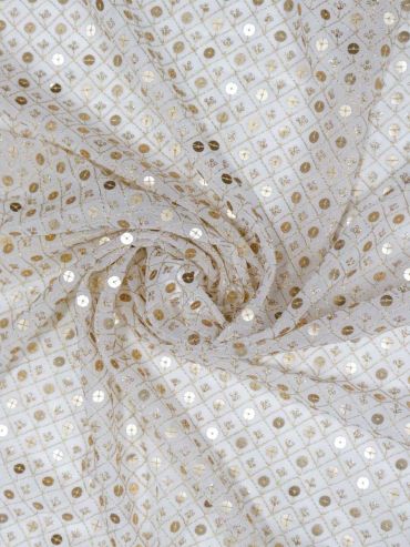 White Geometric And Butti Embroidered Bamberg Georgette Fabric