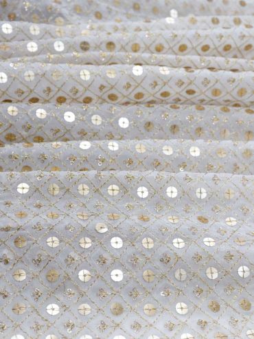 White Geometric And Butti Embroidered Bamberg Georgette Fabric