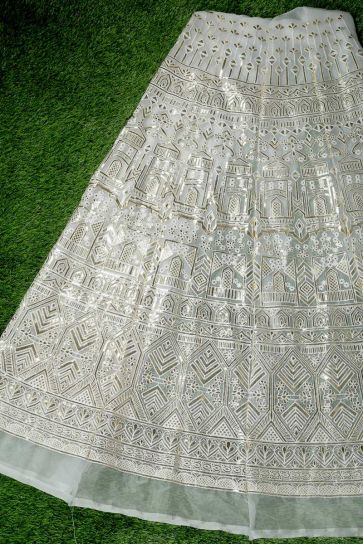 White Dyeable Temple Shapes In Modern Foil Pattern Embroidery On Nylon Organza Unstitched Lehenga Panel