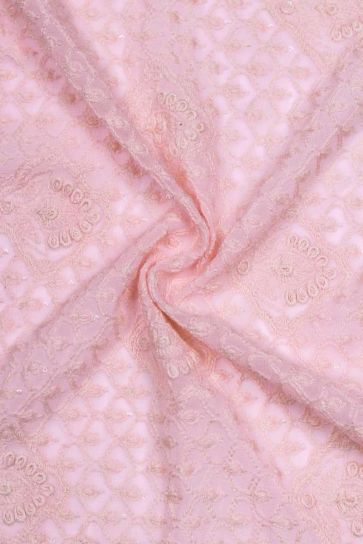 Light Baby Pink Thread Work and Motifs Pattern Embroidery On Bamberg Georgette Fabric