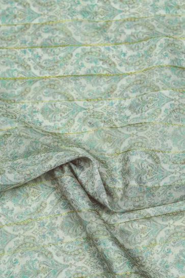 Celadon Green Ajrak Floral Motifs Digital Print On Jacquard Patta On Muslin Fabric