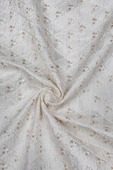 White Dyeable Sequins Pattern Embroidery On Raw Silk Fabric
