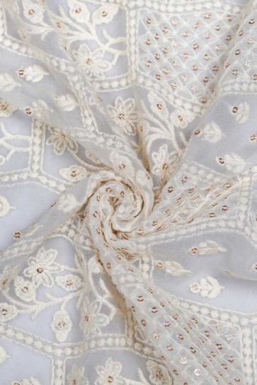 White Dyeable Leaves Work Pattern Embroidery On Bamberg Georgette Fabric