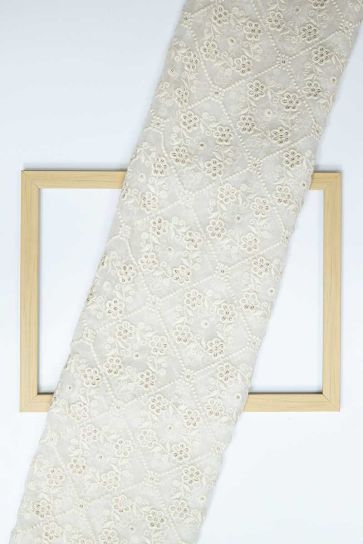 White Dyeable Geometric with Floral Butti Inside Pattern Embroidery On Bamber Georgette Fabric