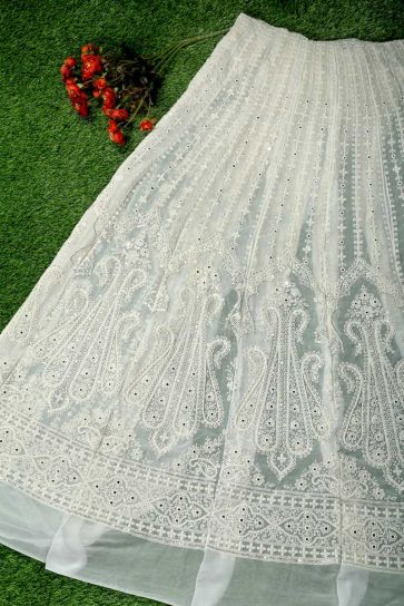 White Dyeable Artistic Piasley In Chikankari Pattern Embroidery On Bamber Georgette Unstitched Lehenga Panel