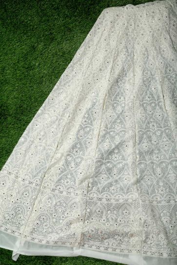 White Dyeable Glittering Mirror And Sequin In Lucknowi Pattern Embroidery On Bamberg Georgette Unstitched Lehenga Panel