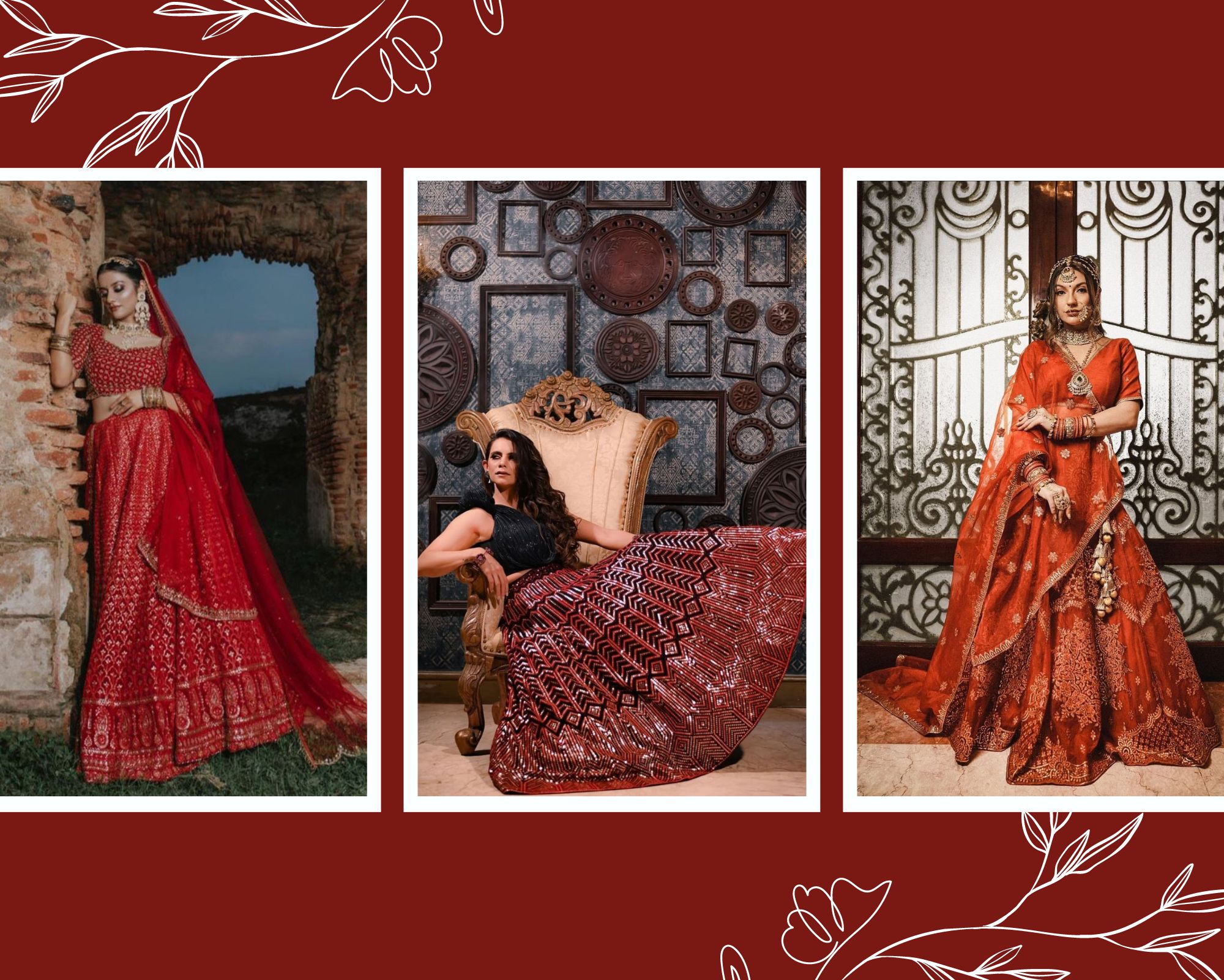 [Three models showcasing traditional red lehengas with intricate designs in various poses and settings.]-[fabricpitara]