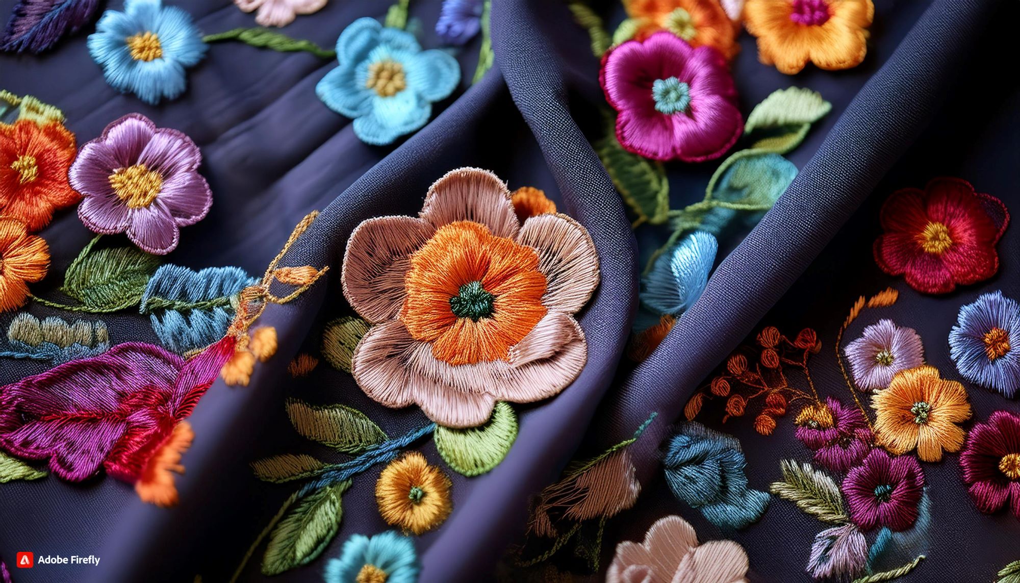 [Colorful embroidered flowers on dark fabric]-[fabricpitara]