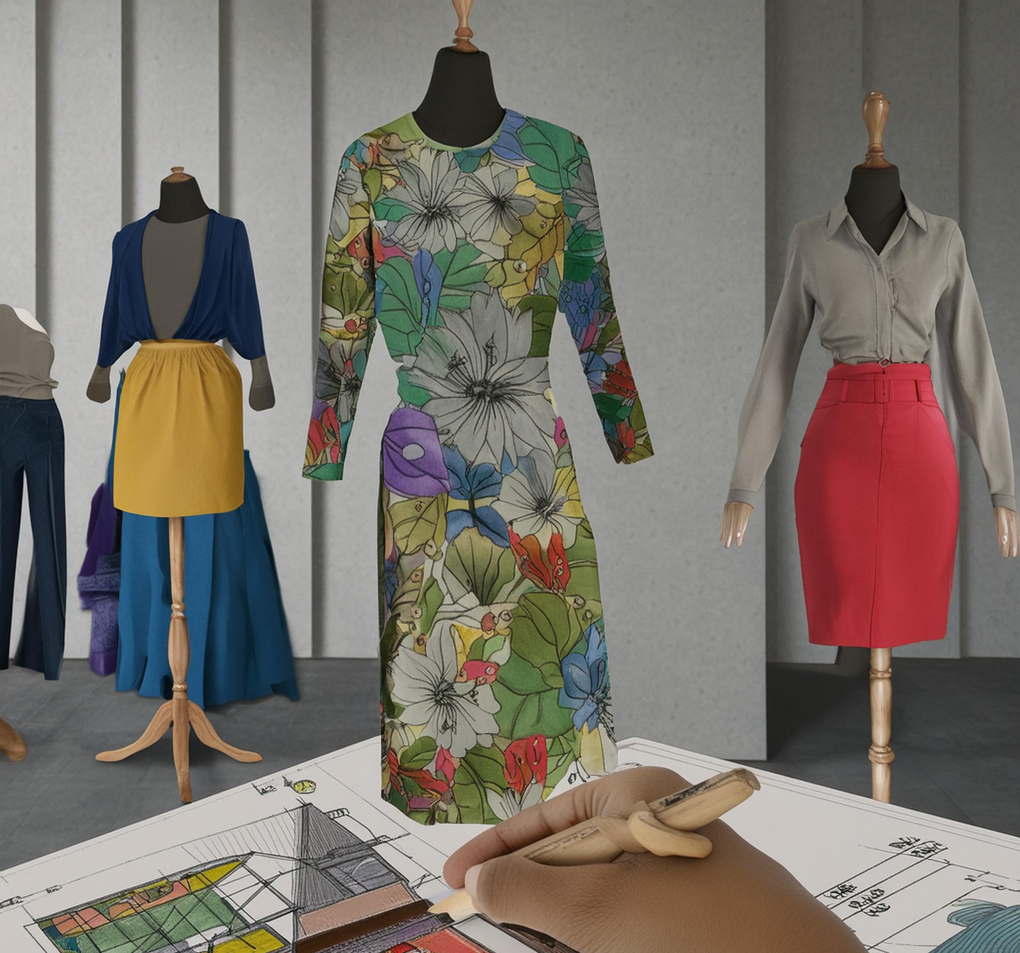 [A design studio with mannequins dressed in various outfits and a hand sketching colorful patterns on a sheet, likely for fashion design or architectural planning]-[fabricpitara]