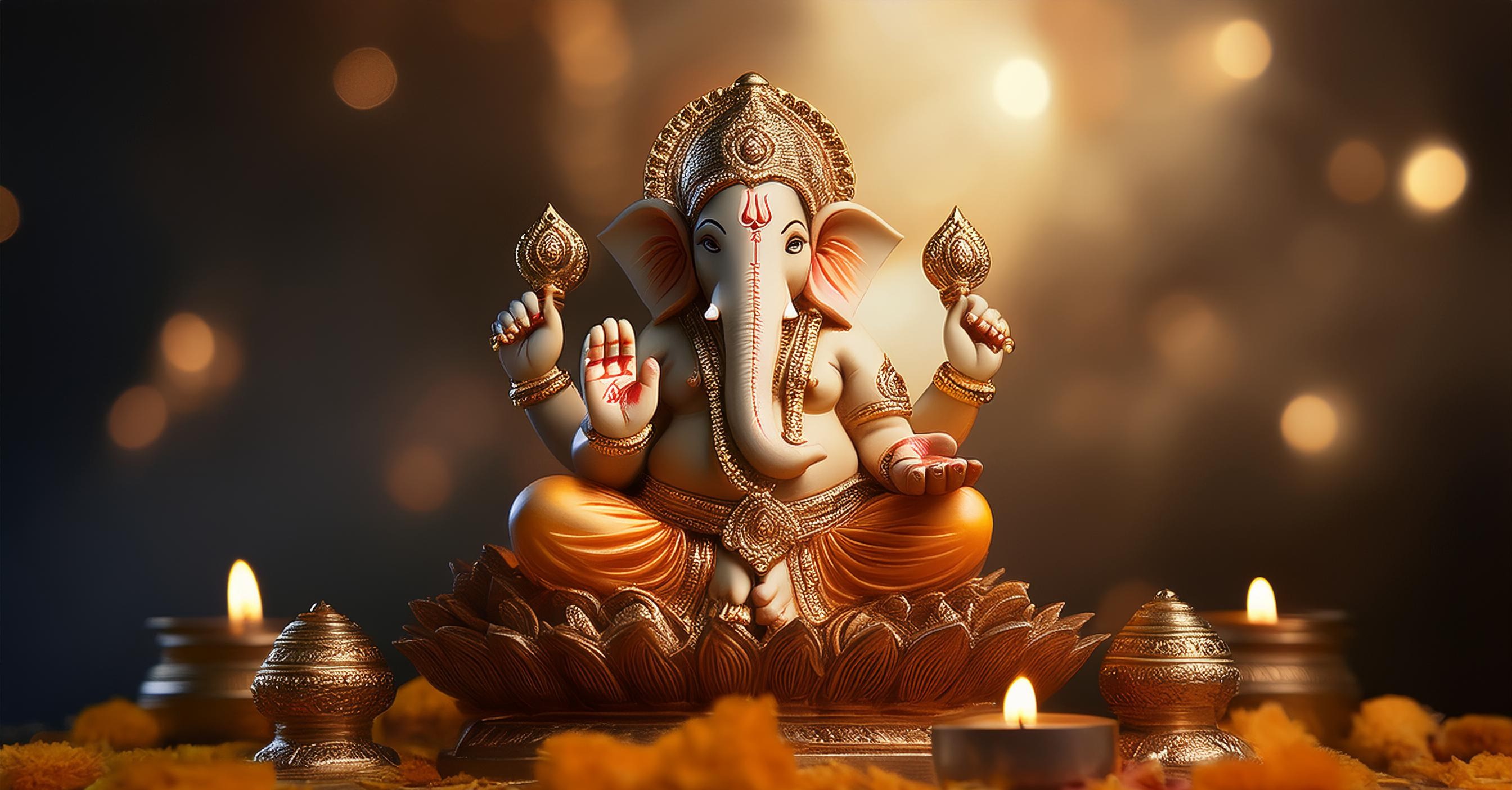 [A beautifully crafted Lord Ganesha idol, adorned with gold ornaments, surrounded by candles and marigold flowers, symbolizing devotion.]-[fabricpitara]