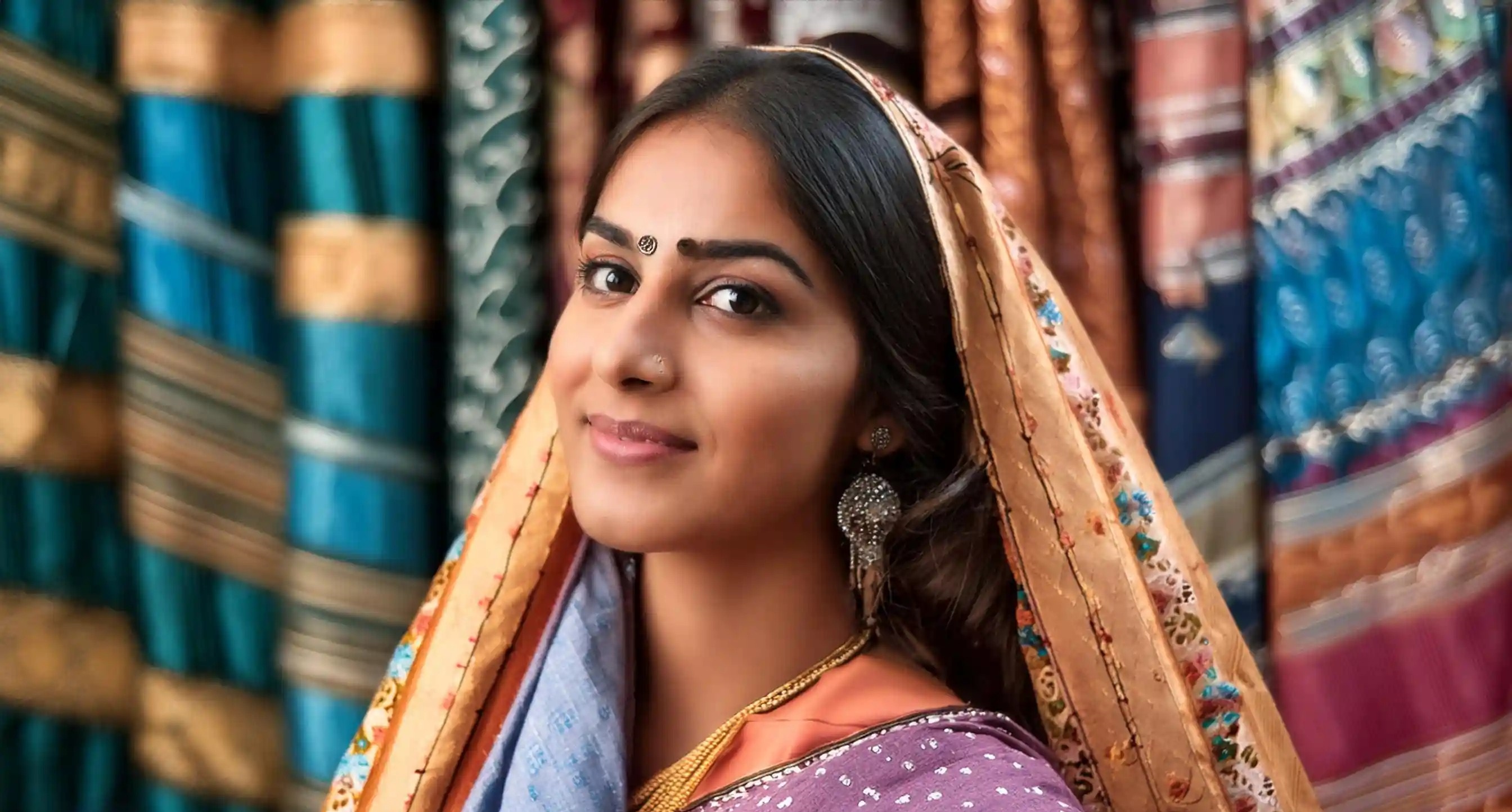 [A young woman in a traditional saree stands before colorful fabrics. She wears a nose stud, ornate earrings, and smiles serenely, highlighting the intricate designs and cultural richness of her attire]-[fabricpitara]