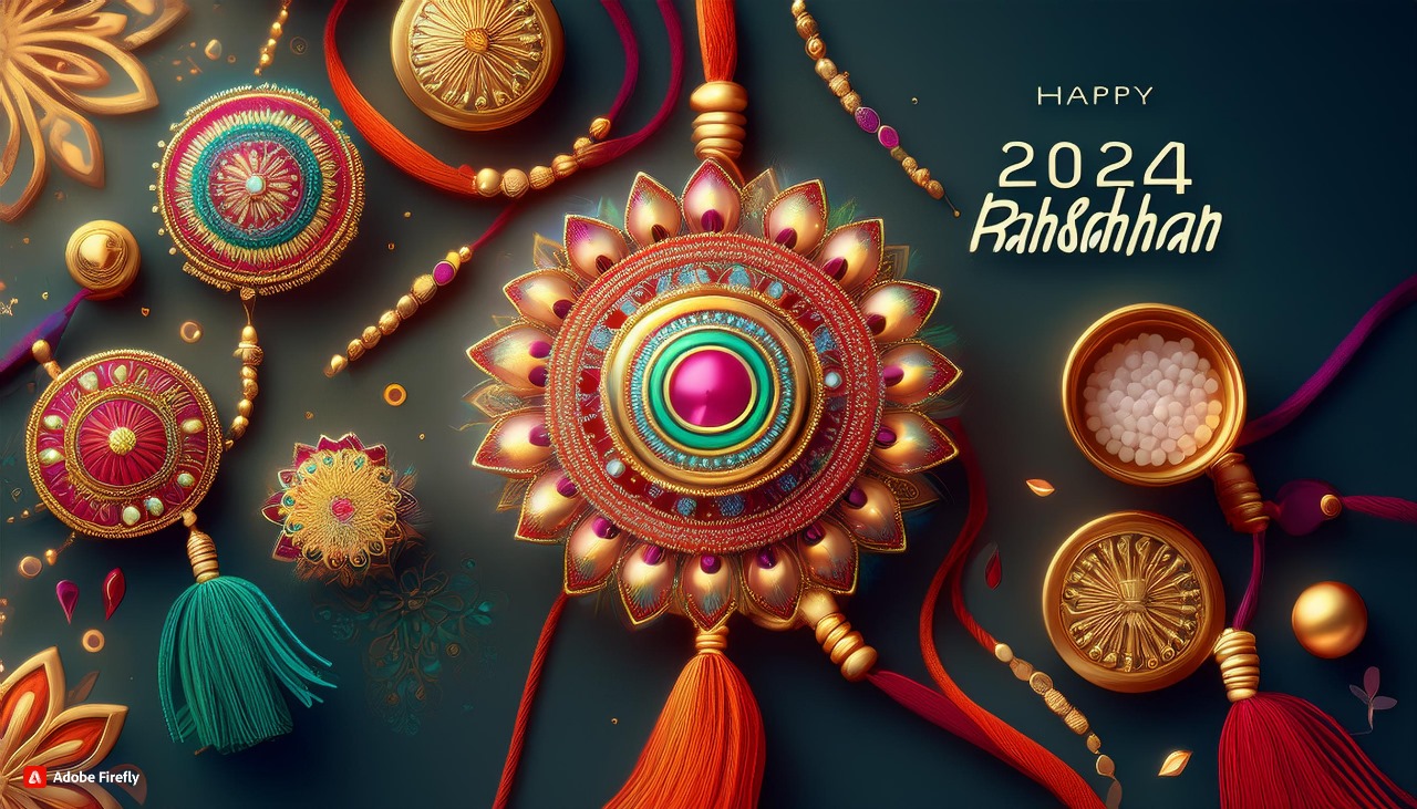 [Colorful, intricately designed Rakhis with traditional embellishments, celebrating Raksha Bandhan 2024, displayed against a dark background with festive elements]-[fabricpitara]