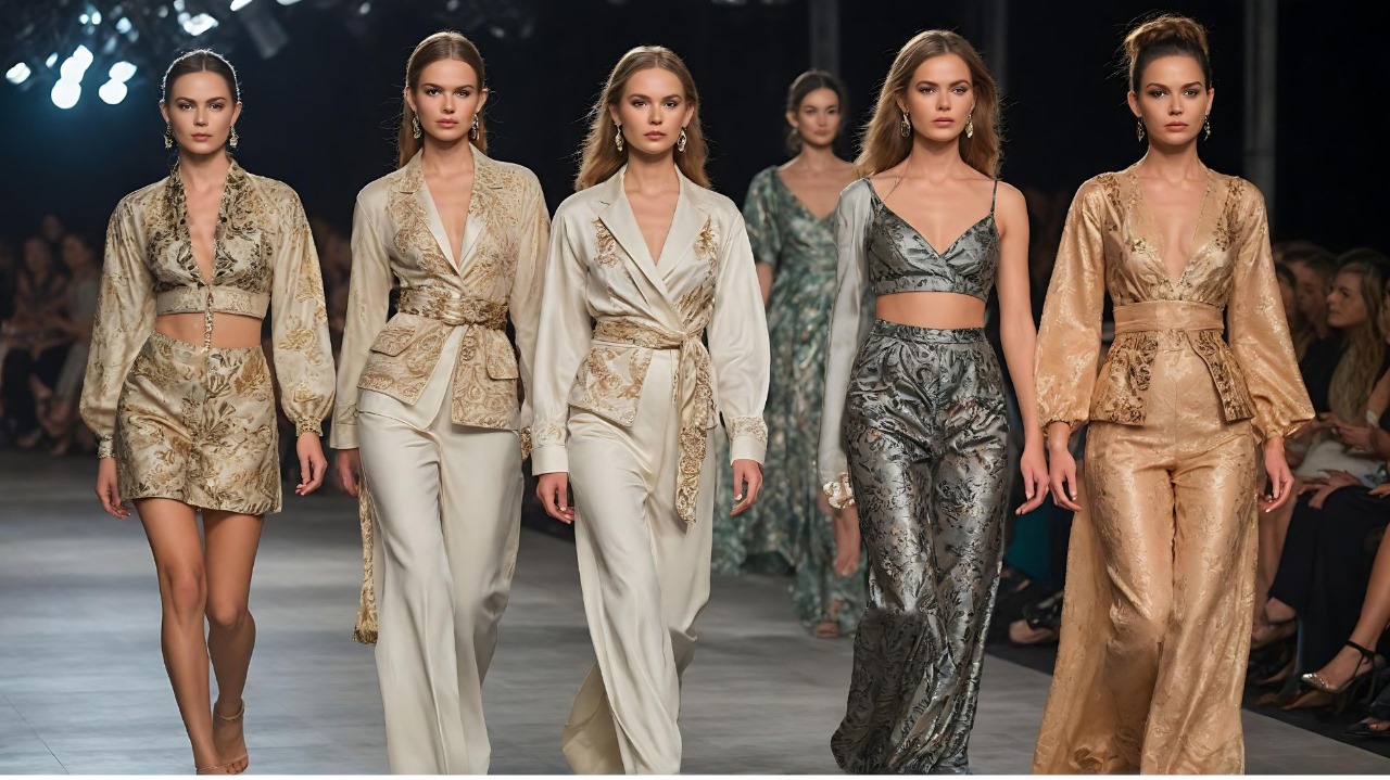 [Five fashion models walk the runway in coordinated, luxurious gold, cream, and silver outfits with intricate patterns and rich fabrics]-[fabricpitara]