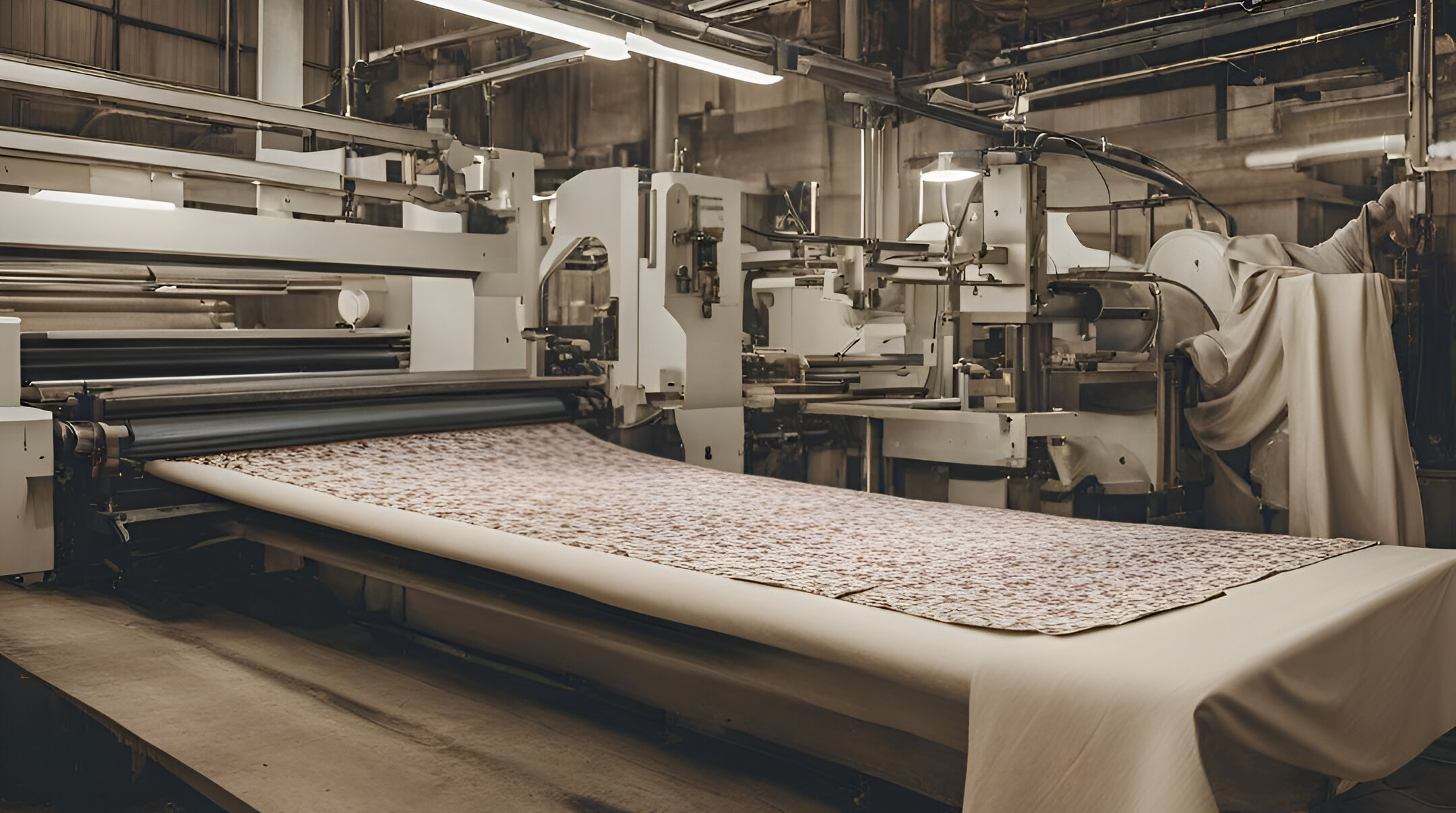 [Industrial textile printing machine processing floral patterned fabric in a factory setting]-[fabricpitara]